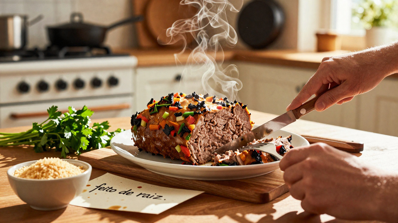 Prato com carne recheada fumegante a ser cortada numa cozinha com ervas e cuscuz ao lado.