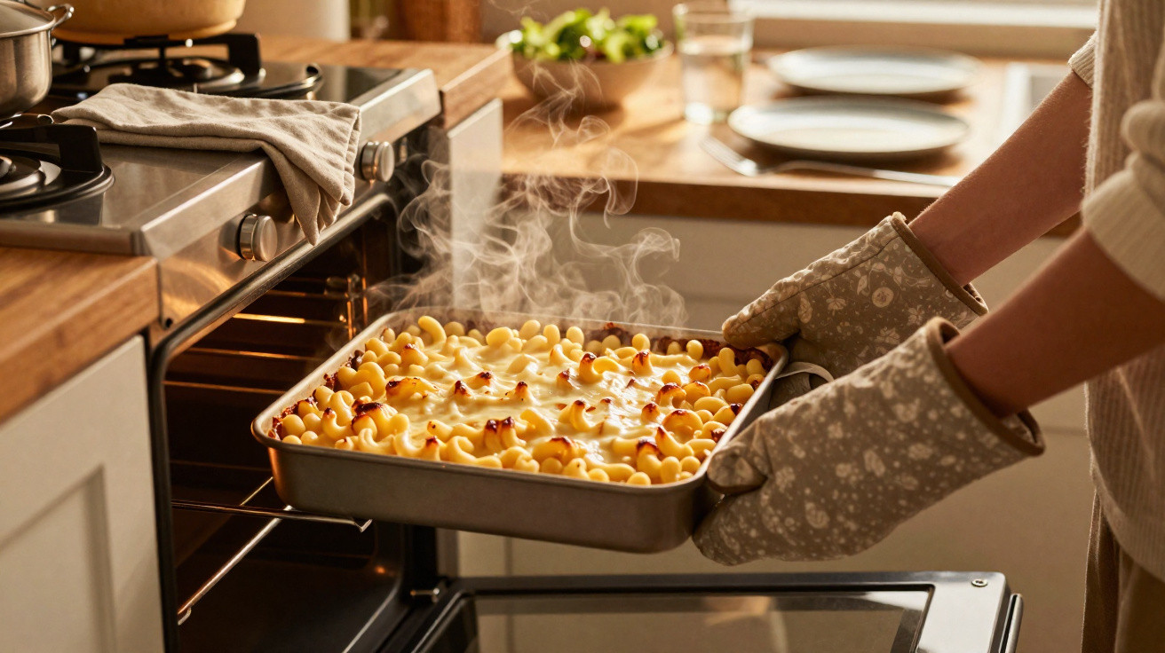 Pessoa a retirar do forno um prato fumegante de massa gratinada numa cozinha moderna.
