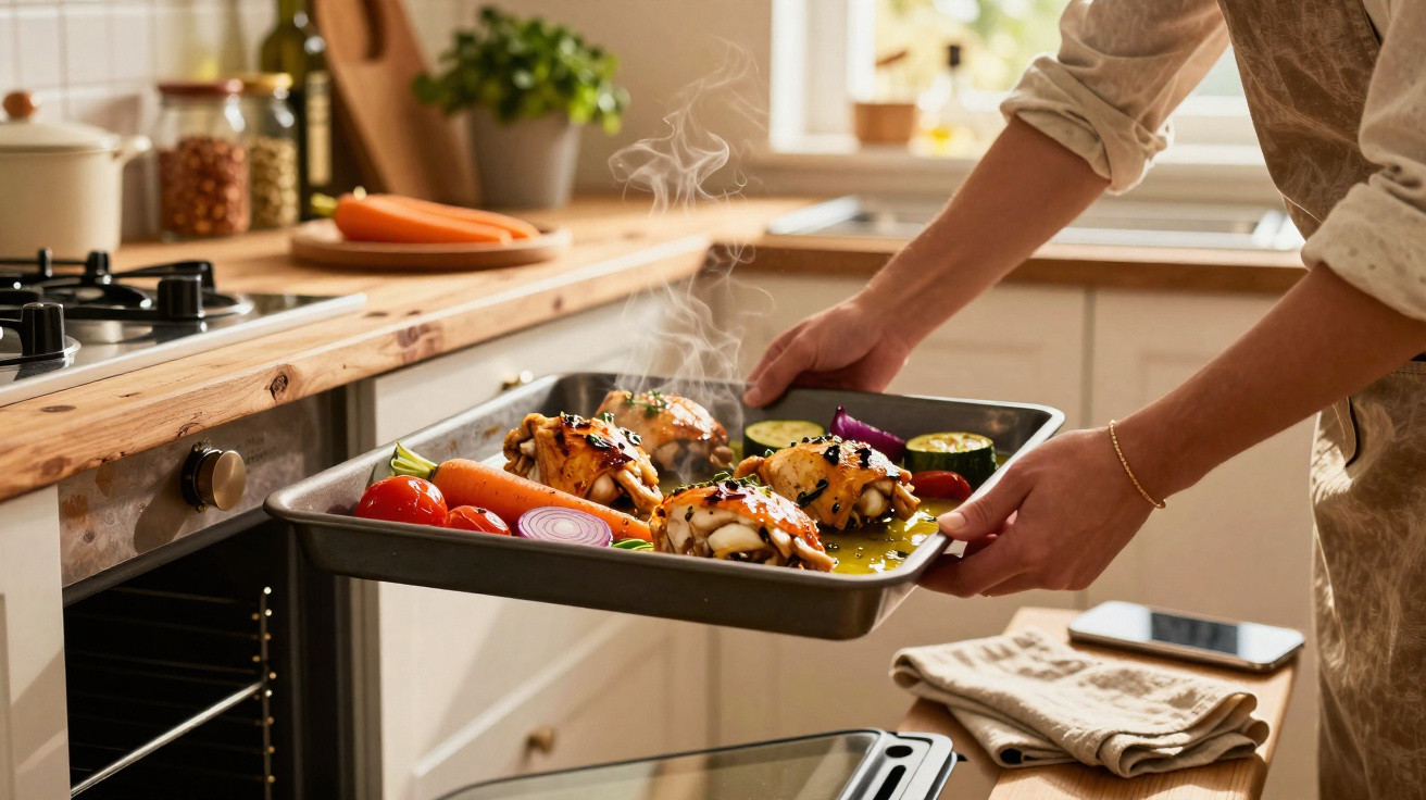 Pessoa a retirar tabuleiro com peixe e legumes assados de forno doméstico na cozinha.