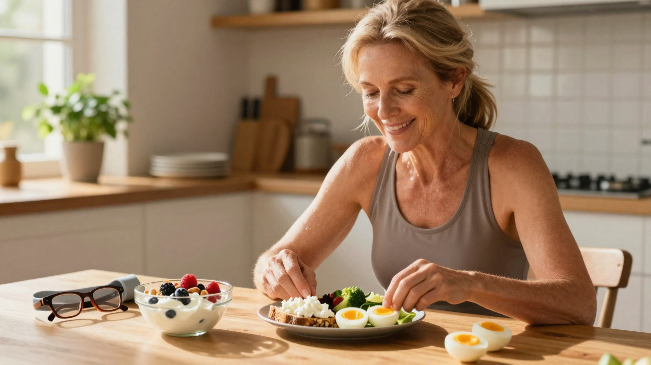 Mulher sorridente a preparar refeição saudável com ovos, frutos vermelhos e vegetais numa cozinha luminosa.