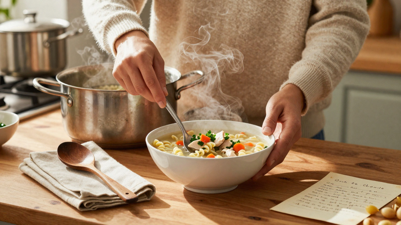 Pessoa a mexer sopa numa panela de inox numa cozinha com receita ao lado e vapor a subir.