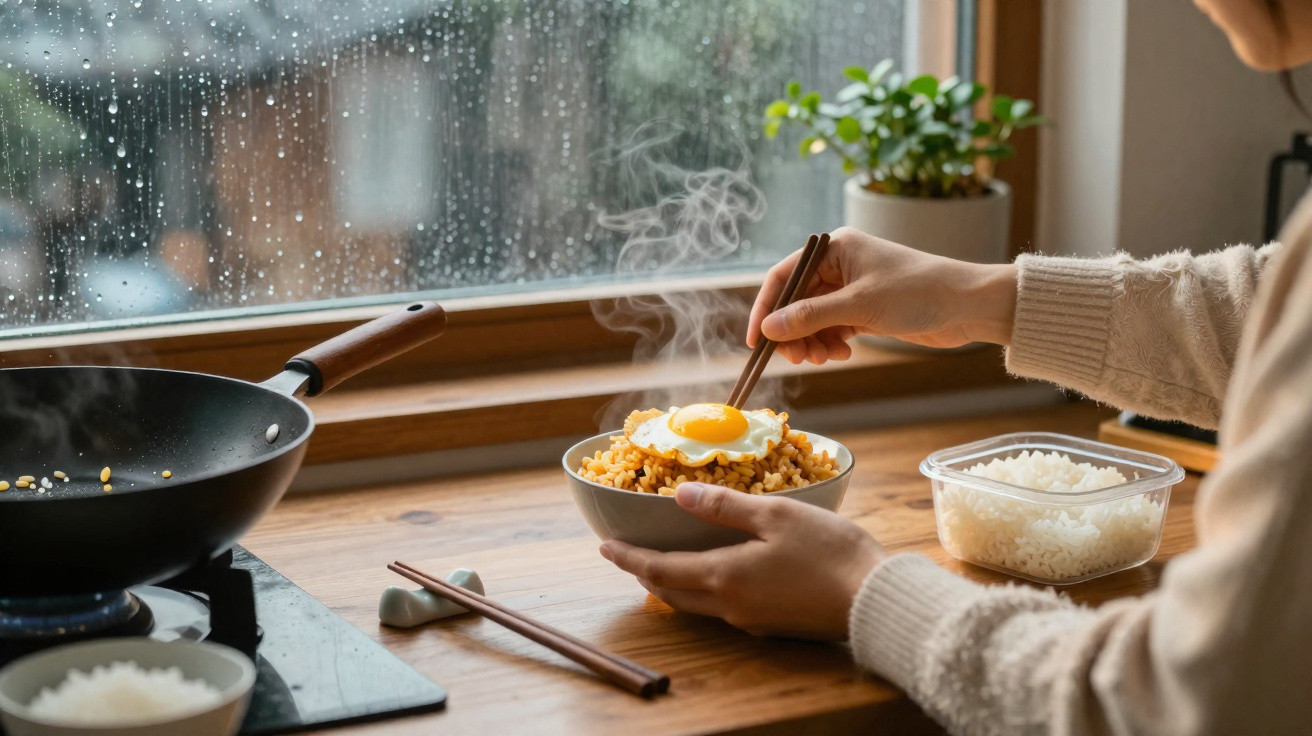 Pessoa a colocar ovo estrelado em prato com arroz frito, janela com chuva e tacho ao fundo.