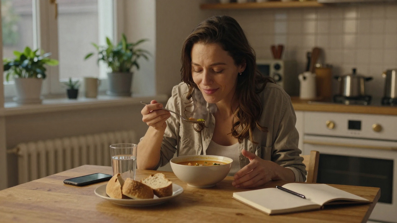 Mulher sentada à mesa a saborear sopa quente com pão, telemóvel, copo de água e caderno ao lado.