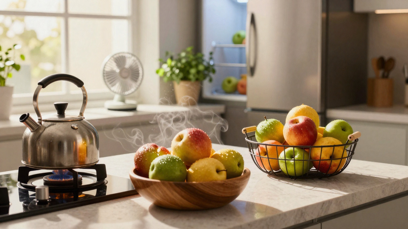 Fruteira com várias maçãs e marmelo cortado, panela a ferver e chaleira no fogão de cozinha moderna.