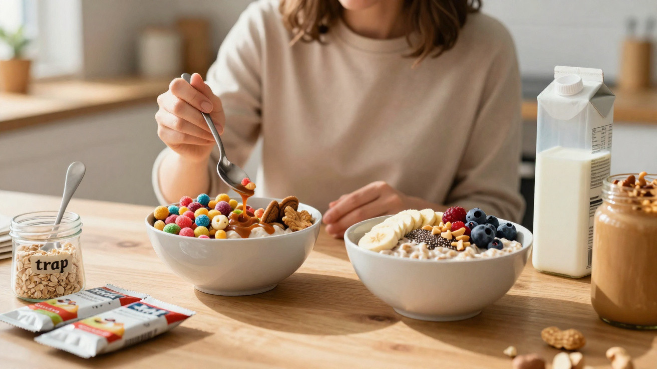 Pessoa a adicionar mel a taça de cereais coloridos num pequeno-almoço com frutas e aveia numa mesa de madeira.