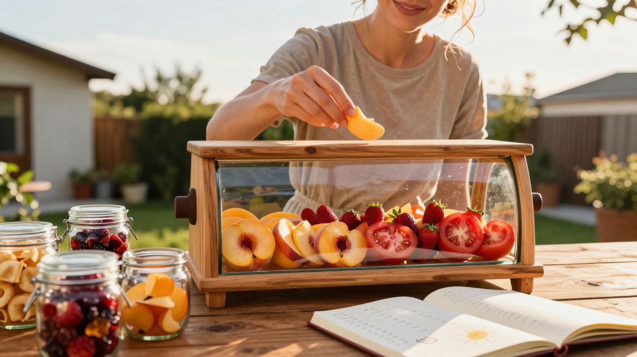 Pessoa a colocar fruta num expositor de vidro numa mesa de madeira ao ar livre numa manhã soalheira.
