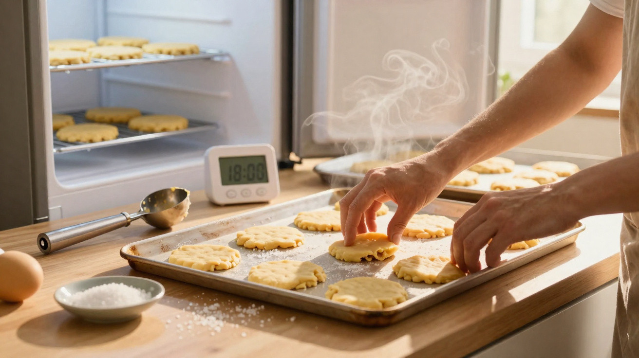 Mãos a colocar bolachas da massa numa forma metálica para cozer, com forno e temporizador ao fundo.