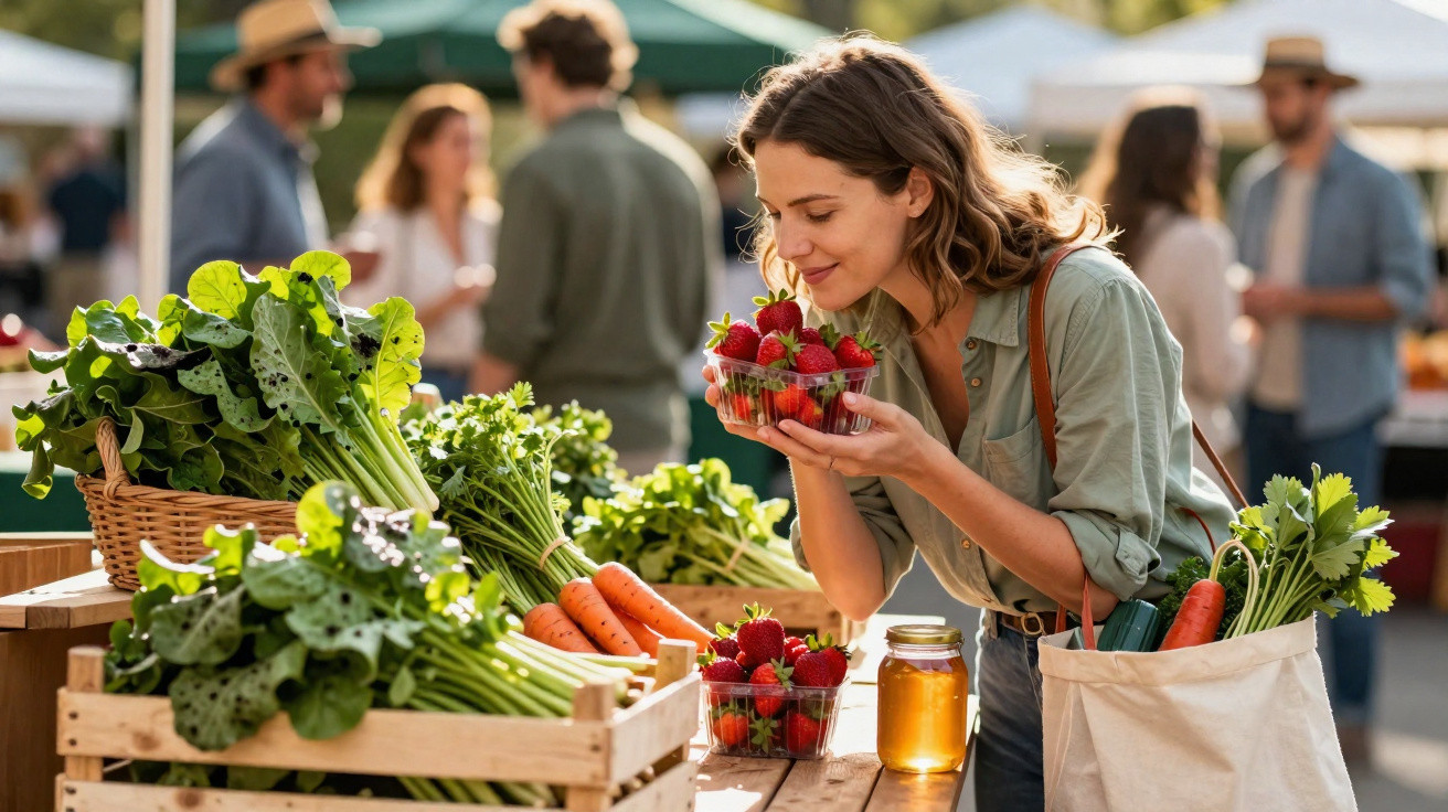 Mulher a cheirar morango fresca numa feira ao ar livre com legumes e frutas expostos numa mesa.