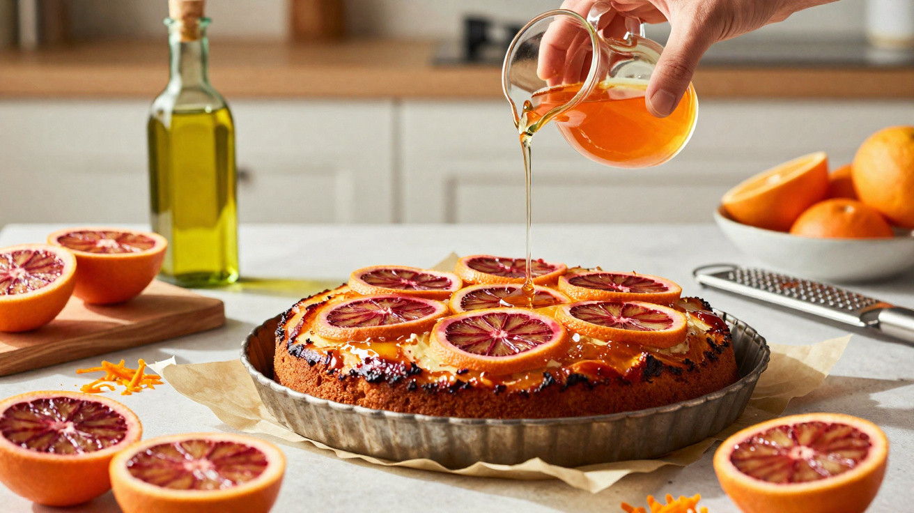 Tarte decorada com rodelas de laranja sanguínea e calda a ser vertida em cima numa bancada de cozinha.