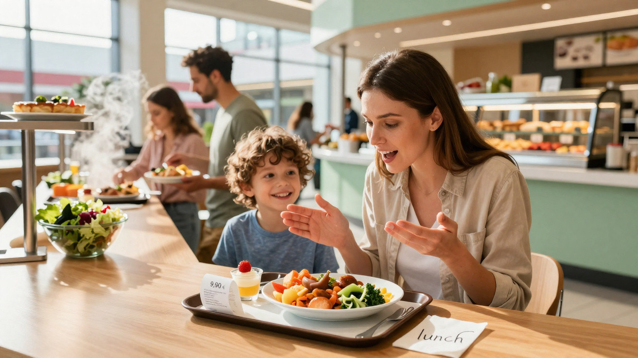 Mulher e menina sentadas numa cantina a conversar, com bandeja de comida à sua frente.