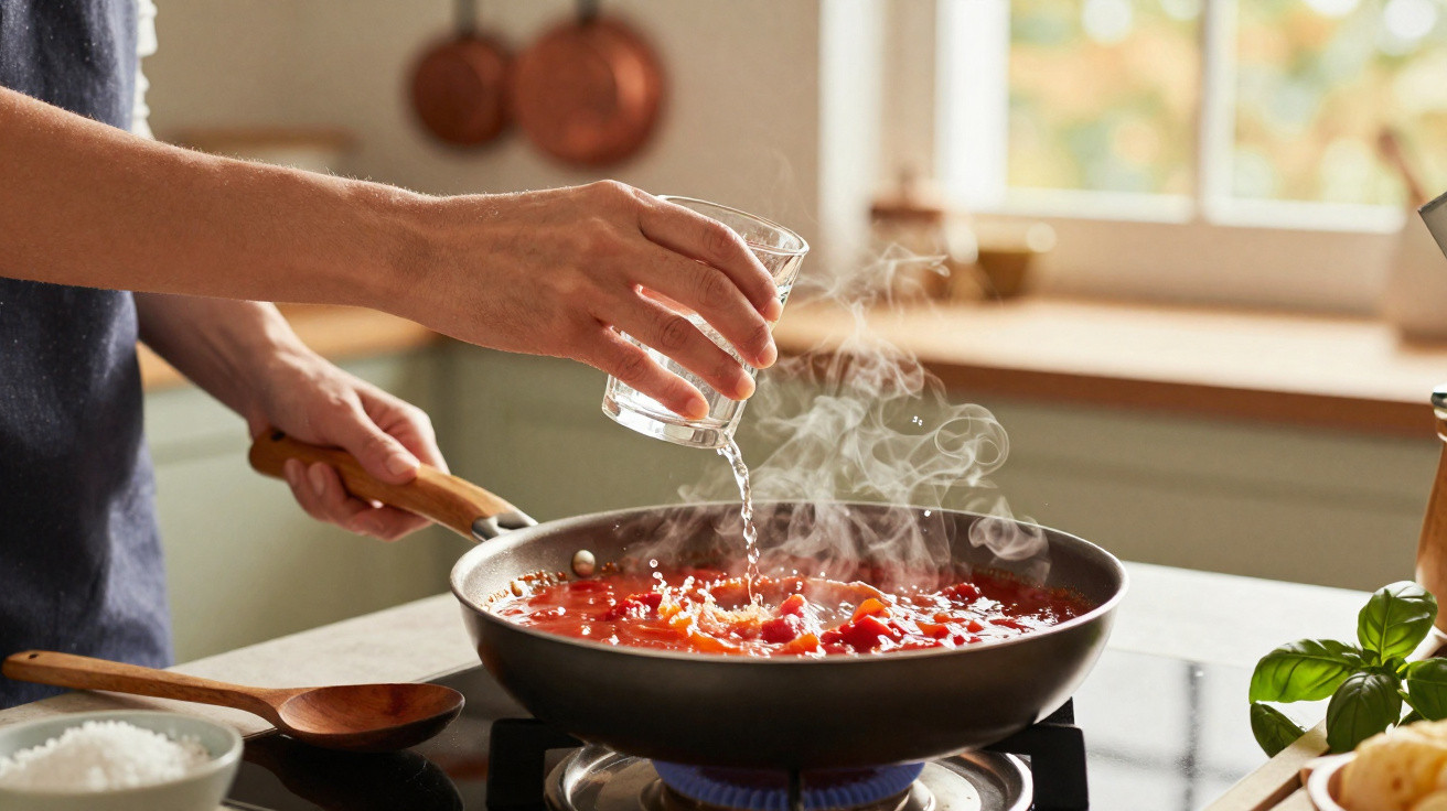 Mãos a deitar água numa frigideira com molho de tomate a cozinhar num fogão a gás na cozinha.