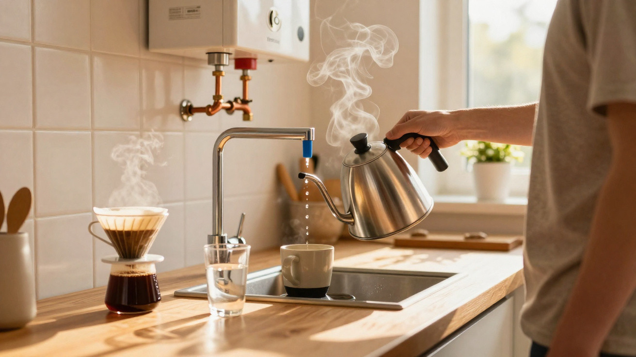 Pessoa a preparar café por filtro com jarro metálico de água quente em cozinha iluminada a luz natural