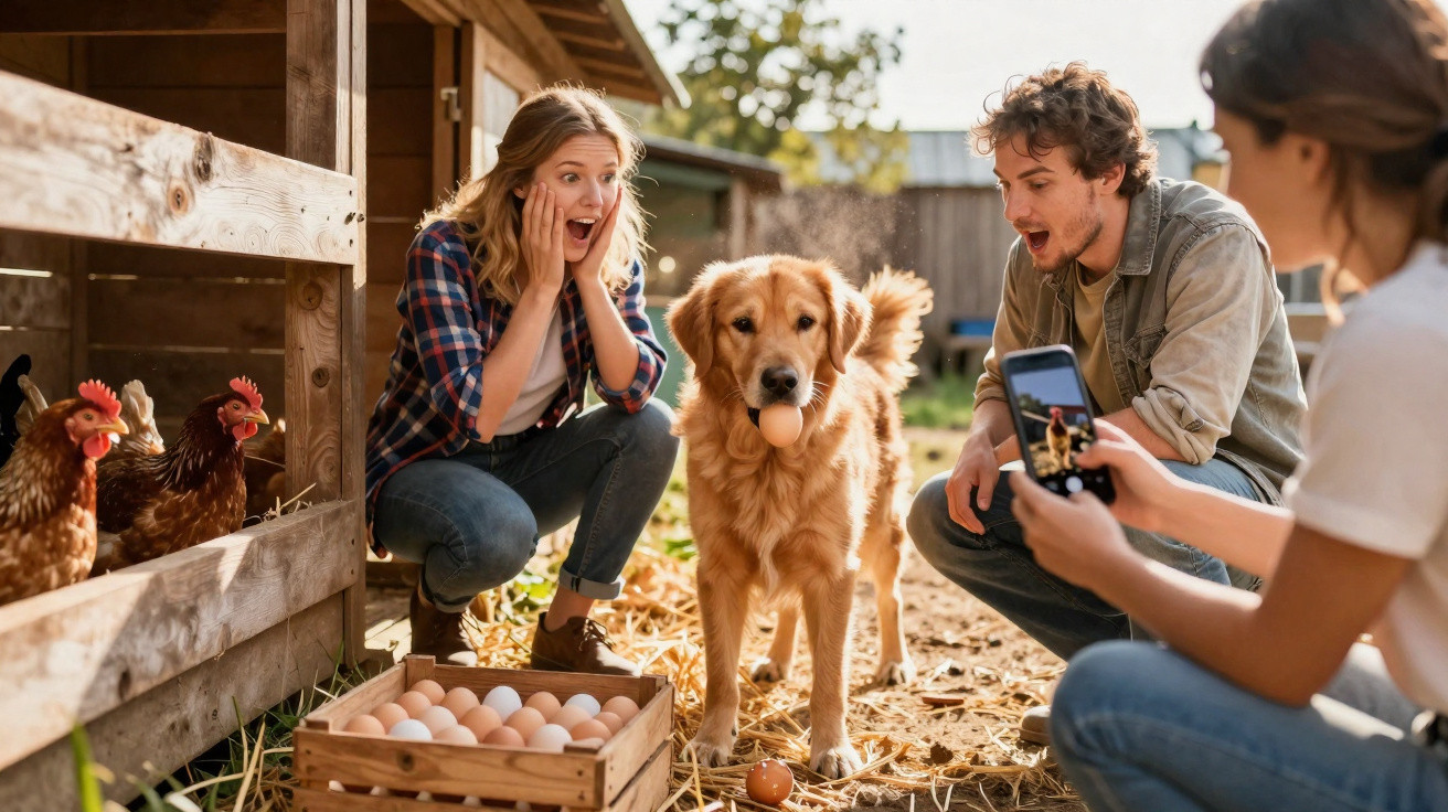 Cão com ovo na boca entre galinhas, enquanto mulher sorri ao tirar foto com telemóvel numa quinta.
