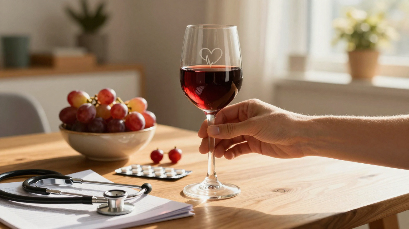 Mão a segurar copo de vinho tinto sobre mesa com estetoscópio, frutas e medicamentos.