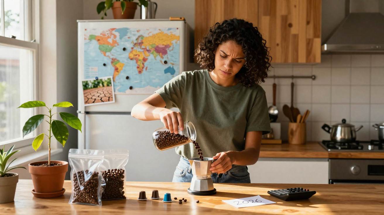Mulher de cabelo encaracolado a preparar café com cafeteira italiana num ambiente de cozinha luminosa.