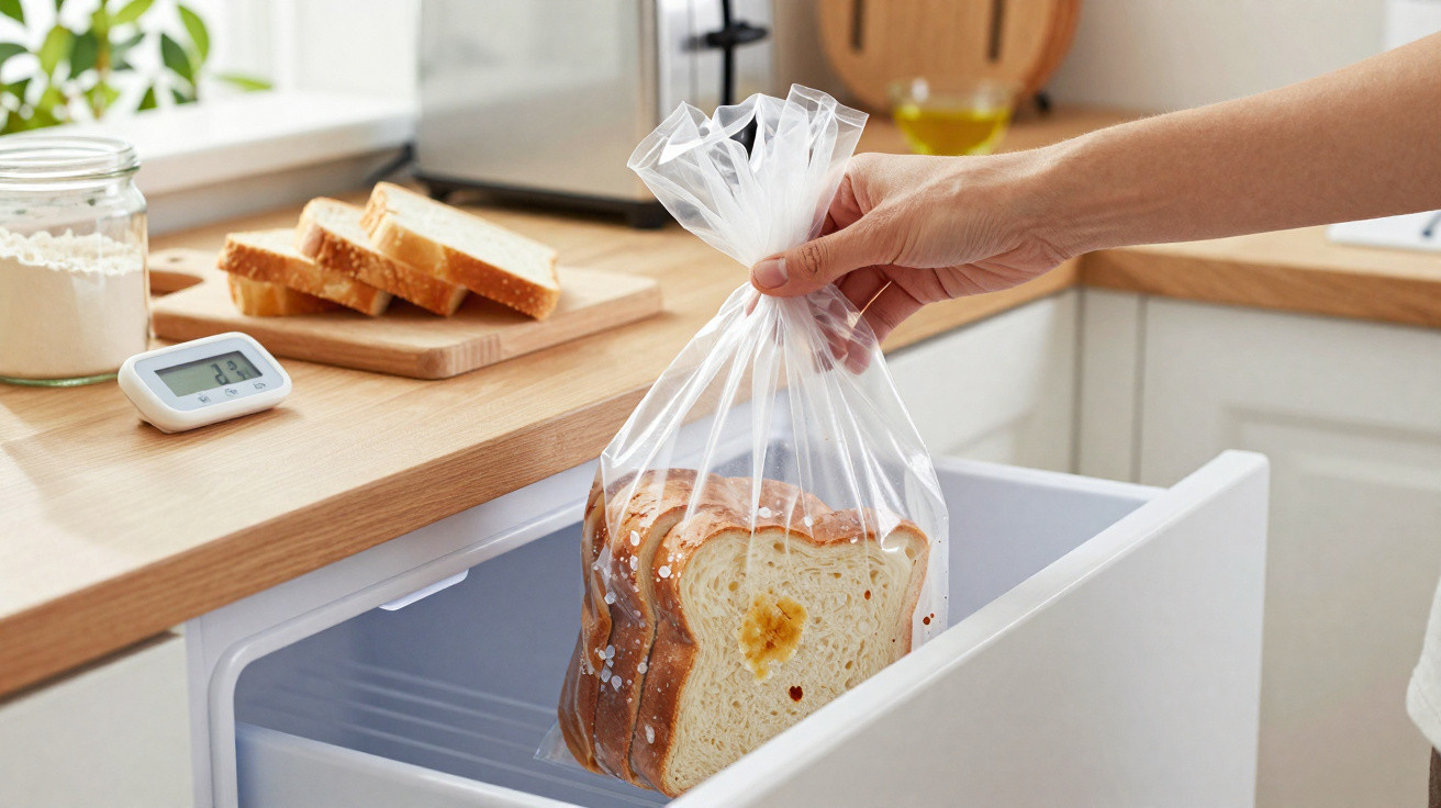 Mãos a guardar pão fatiado num saco plástico transparente dentro de um frigorífico na cozinha.