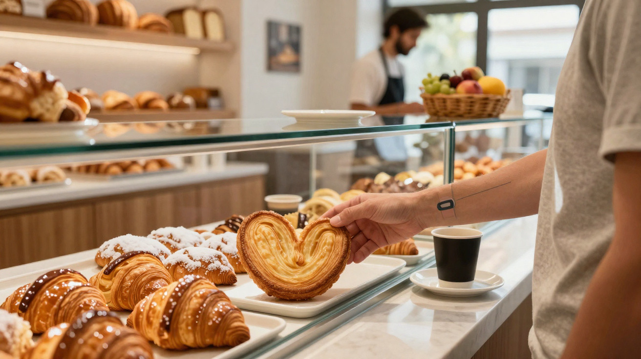 Pessoa a escolher pastelaria fresca num balcão de padaria com croissants e café.