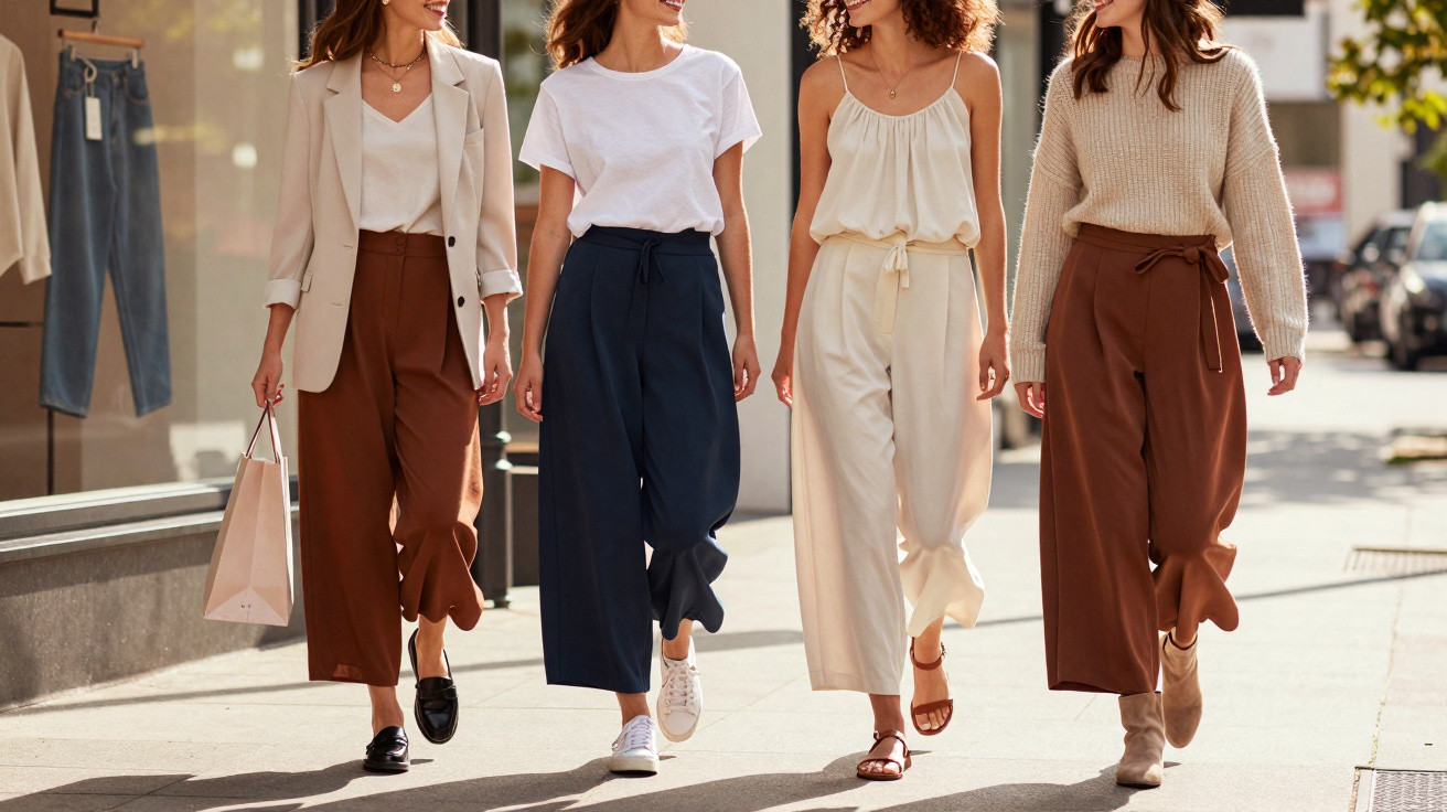 Quatro mulheres a caminhar na rua com roupas casuais elegantes em tons neutros e bolsas brancas.