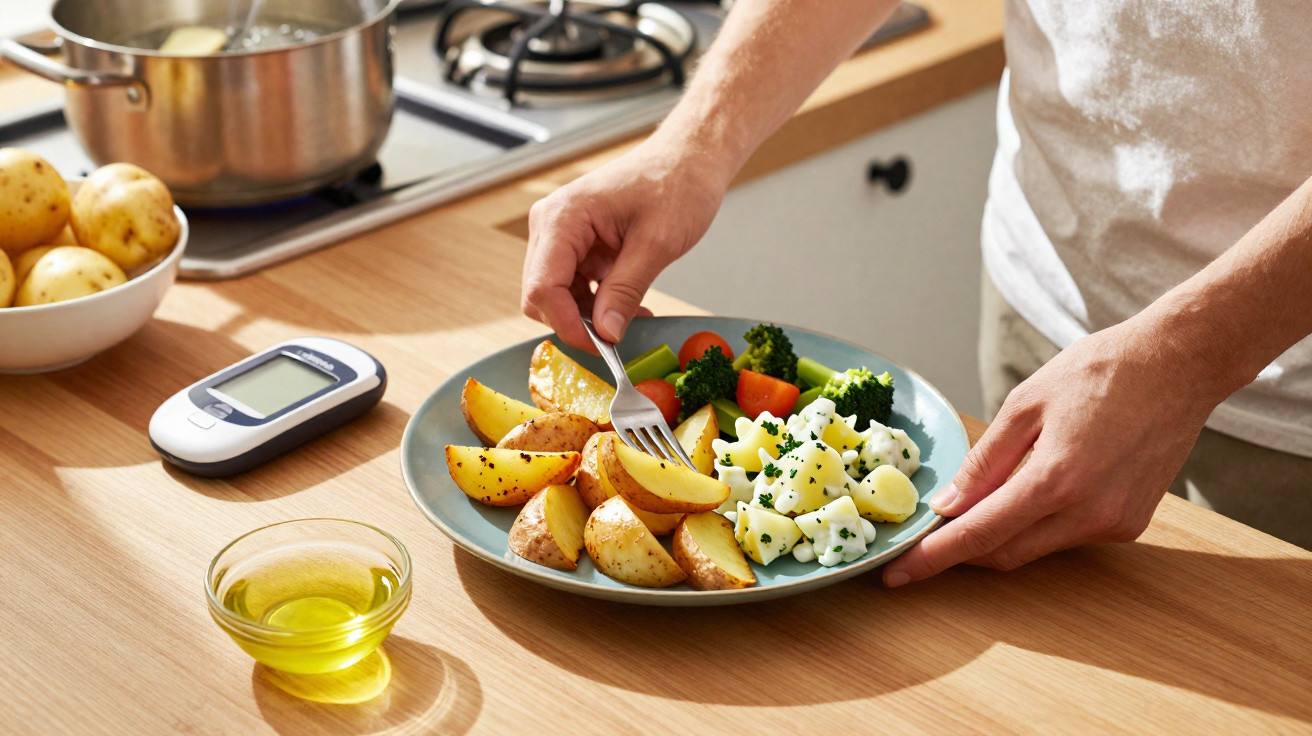 Prato com arroz, batatas assadas e legumes frescos numa cozinha junto a medidor de glicose.