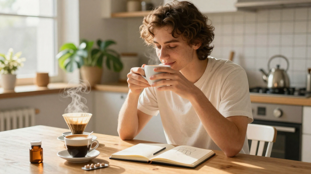 Jovem a beber chá enquanto lê um livro à mesa da cozinha com duas chávenas de café quente.