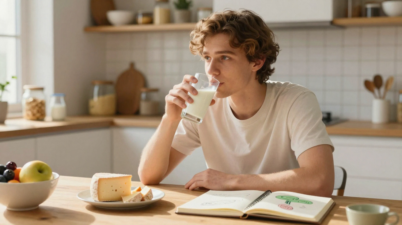 Jovem sentado à mesa na cozinha a beber um copo de leite com comida e caderno aberto à sua frente.