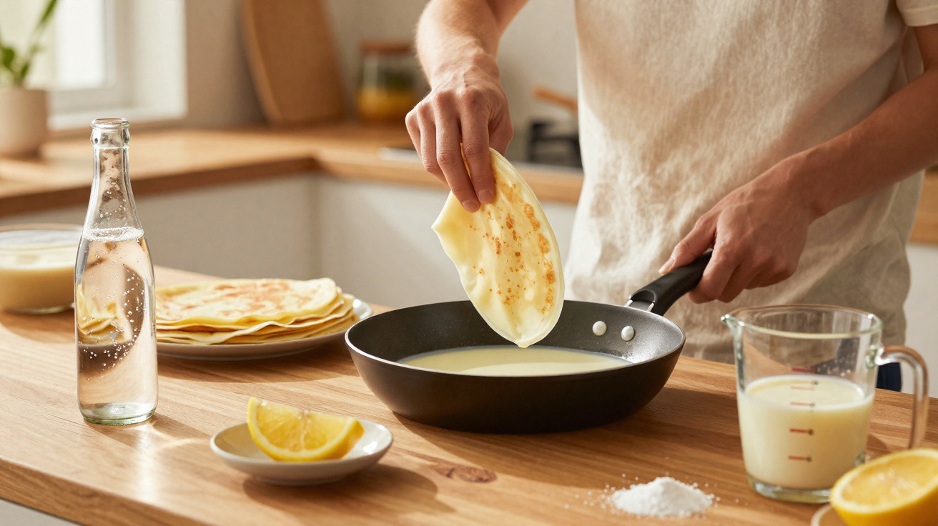 Pessoa a cozinhar crepes numa frigideira num ambiente de cozinha claro e arrumado.