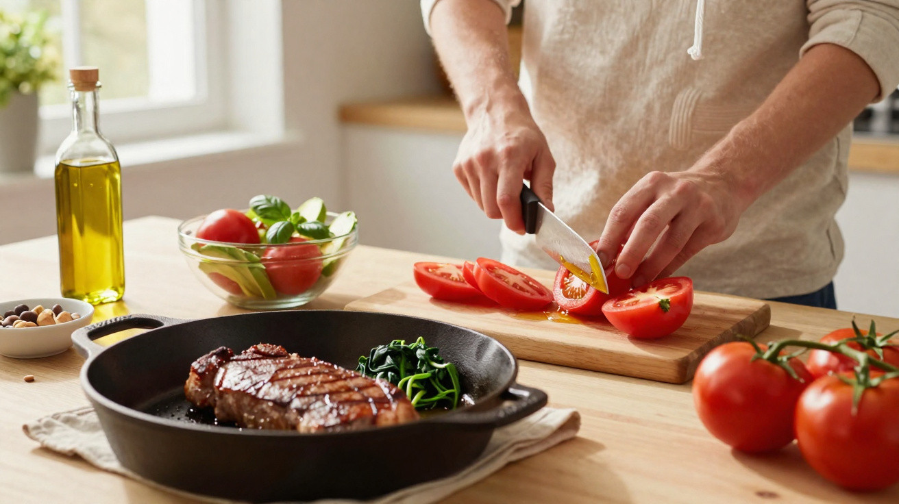 Pessoa a cortar tomates numa tábua de madeira na cozinha, com bife a cozinhar numa frigideira e garrafa de azeite.