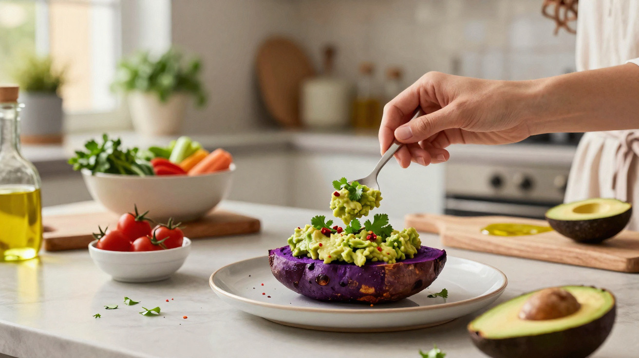 Pessoa a colocar guacamole numa batata-doce roxa partida ao meio numa cozinha iluminada.