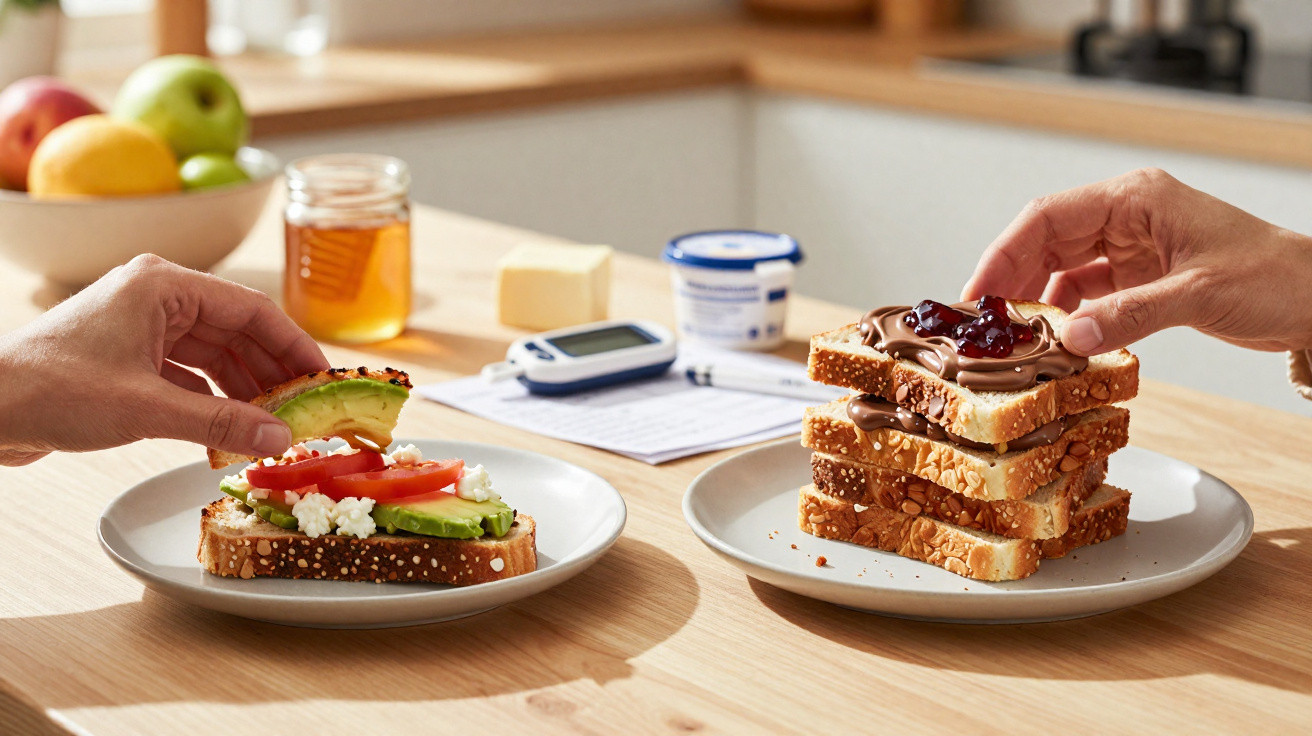 Duas pessoas a preparar sanduíches variadas numa mesa com utensílios de cozinha e frutas ao fundo.
