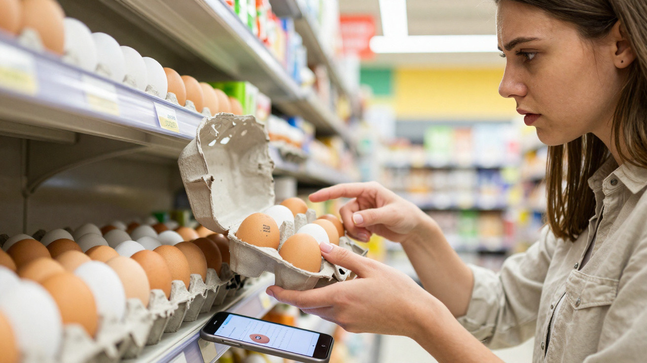 Mulher a escolher ovos numa prateleira de supermercado, com telemóvel na mão, a verificar lista de compras.