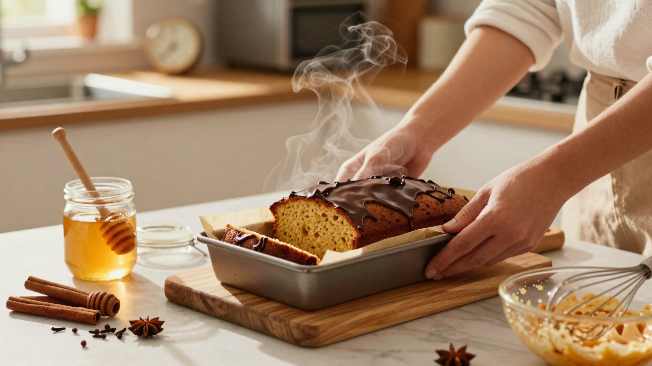 Pessoa a retirar bolo quente com cobertura de chocolate do forno numa cozinha iluminada.