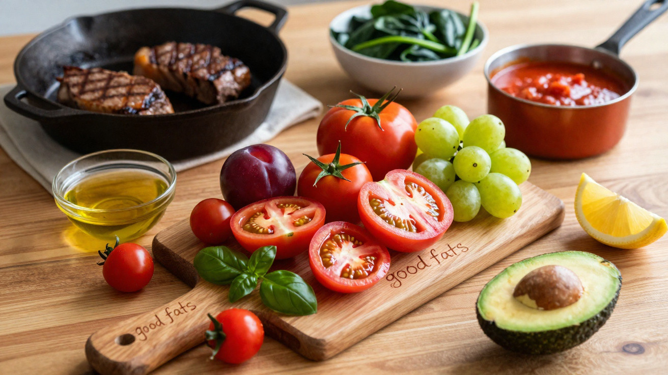 Tomates frescos, abacate, uvas, azeite, limão e manjericão sobre tábua de madeira, com carne grelhada e vegetais.