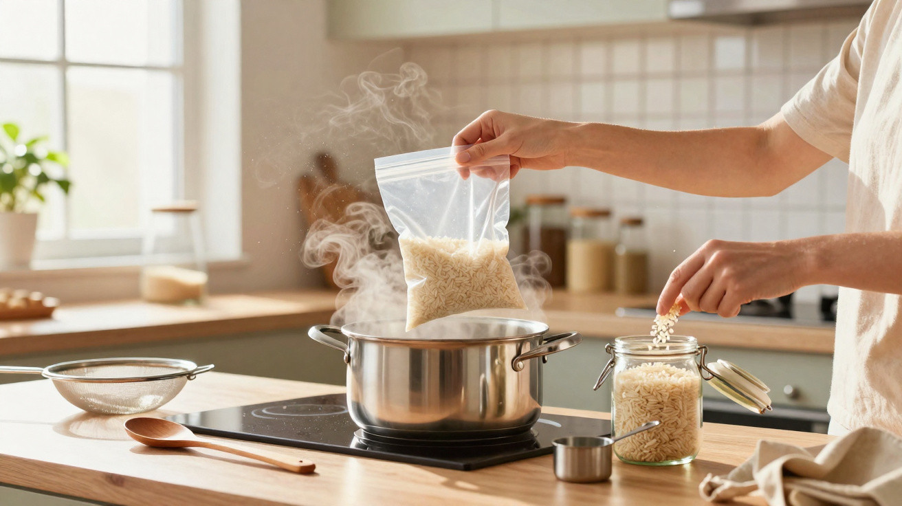 Pessoa a colocar arroz num tacho a ferver na cozinha moderna com luz natural e utensílios de cozinha.