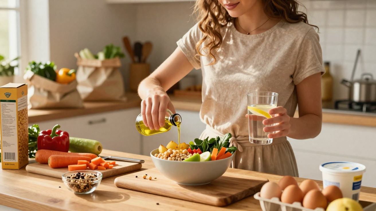 Mulher a temperar salada com azeite numa cozinha luminosa e saudável.