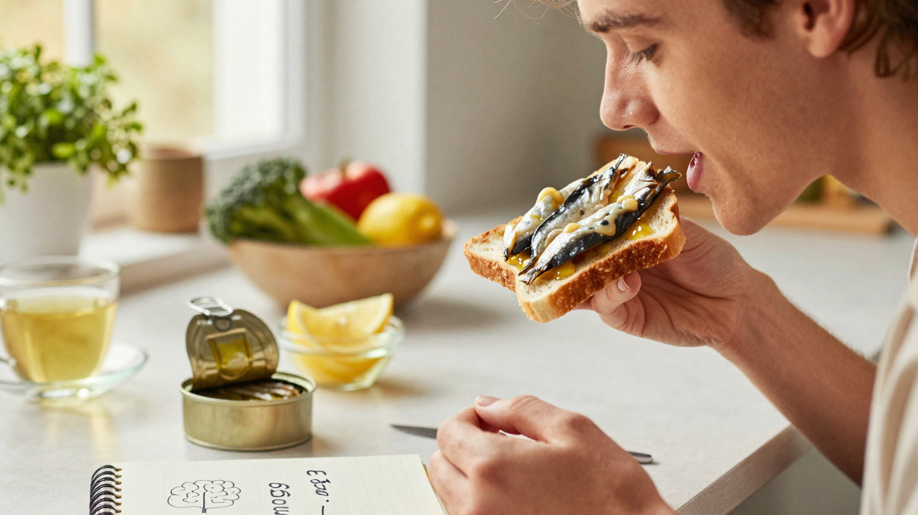 Pessoa a comer tosta com peixe, ao lado de chá, limão, lata aberta e caderno com desenho de cérebro.