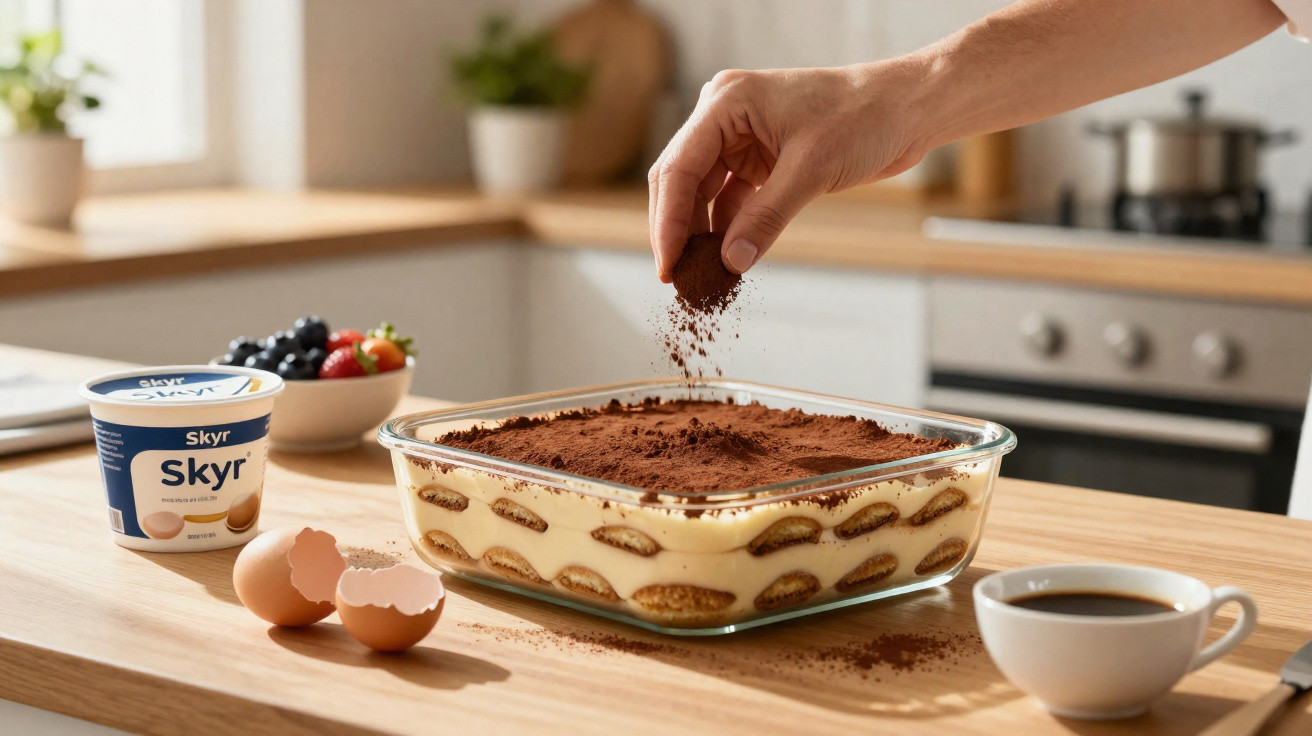 Pessoa polvilha cacau em tiramisù numa taça de vidro numa bancada de cozinha com iogurte, ovos, frutas e café.