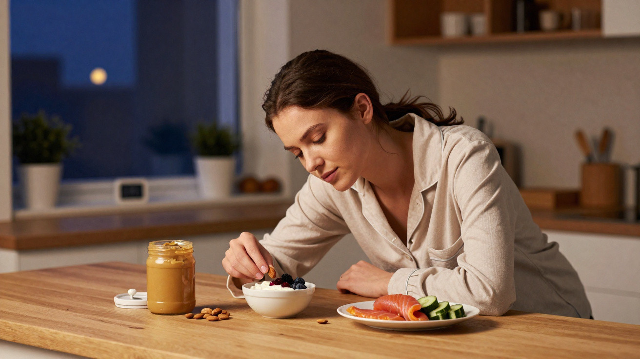 Mulher sorridente a preparar refeição saudável com iogurte, frutos vermelhos, salmão e pepino numa cozinha moderna.