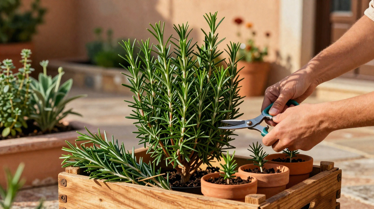 Pessoa a podar alecrim numa pequena horta caseira com várias plantas em vaso e madeira.