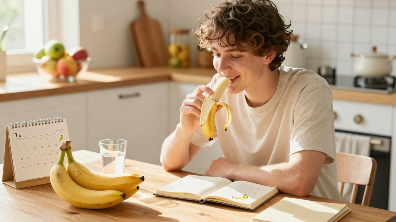 Jovem sentado à mesa a comer uma banana, com calendário e caderno abertos e mais bananas na mesa.