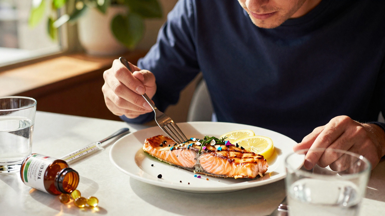 Homem a comer salmão grelhado com rodelas de limão, comprimidos e cápsulas de óleo de peixe na mesa.
