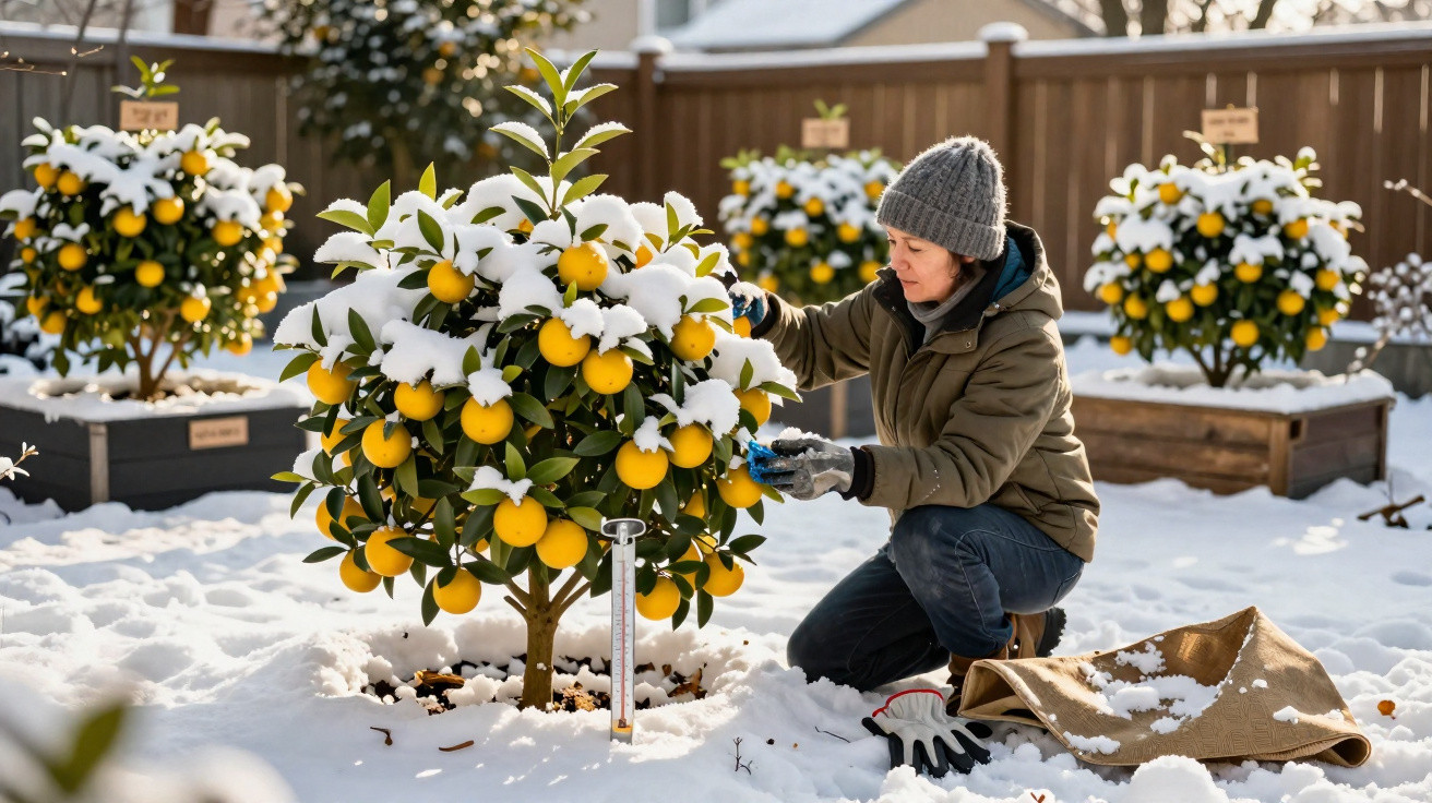 Pessoa a cuidar de uma árvore de citrinos coberta de neve num jardim nevado.