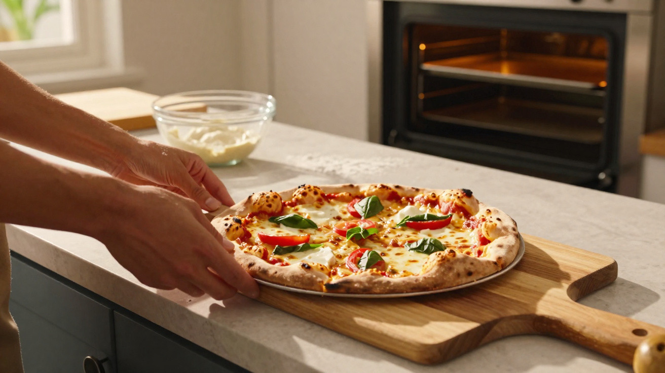 Pessoa a retirar pizza com manjericão e queijo do forno numa cozinha moderna.