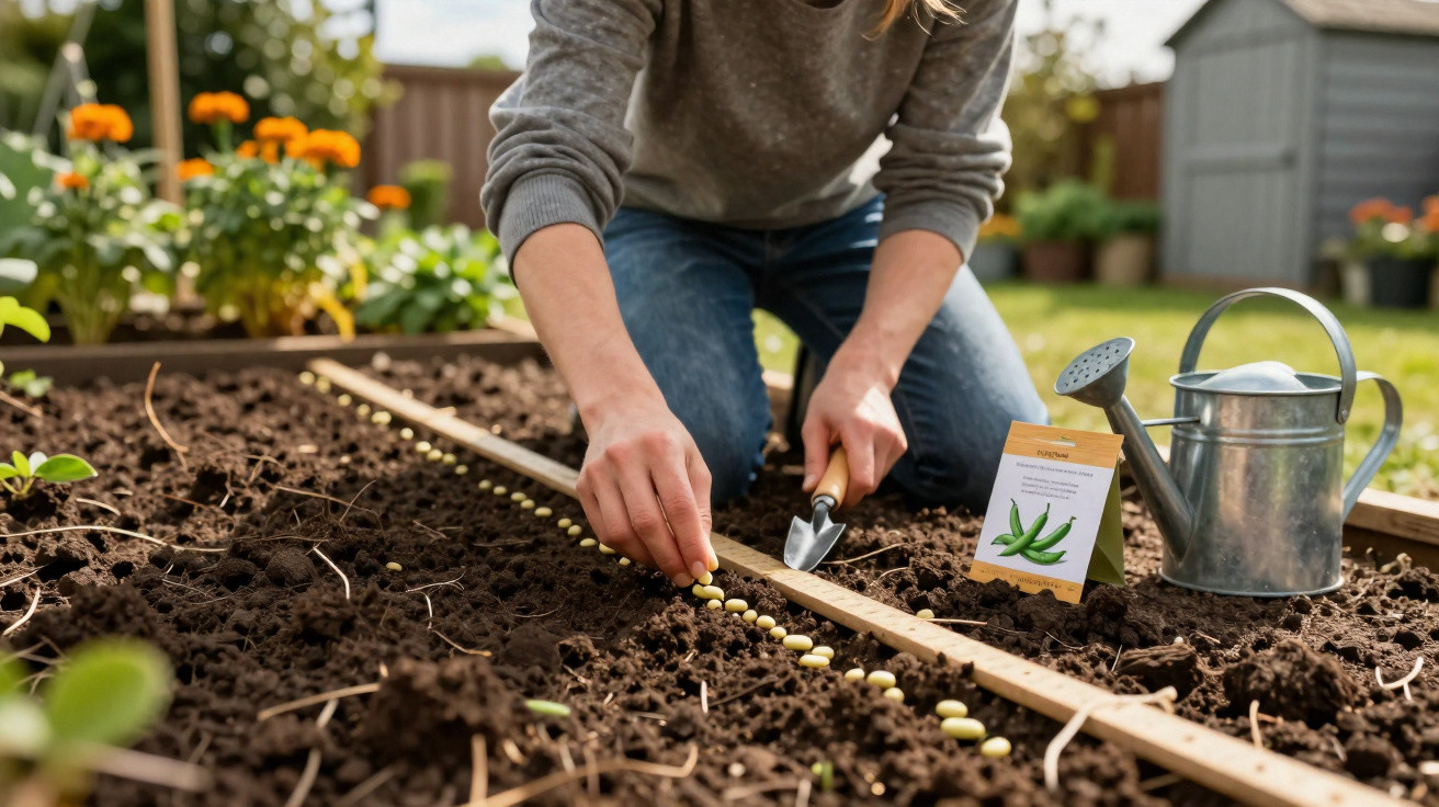 Pessoa a semear sementes numa horta com terra fofa, regador metálico ao lado e placas com indicação das plantas.