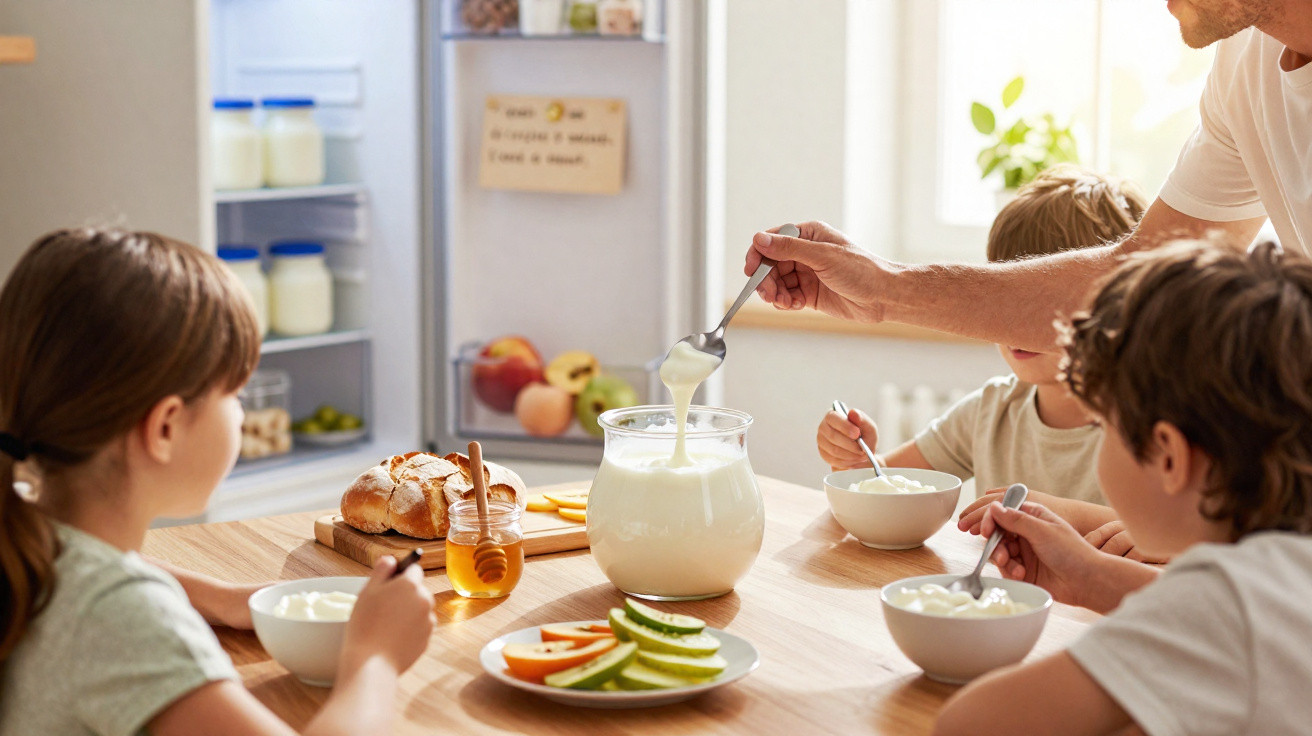 Família a tomar pequeno-almoço com pão, fruta e iogurte, numa cozinha iluminada.