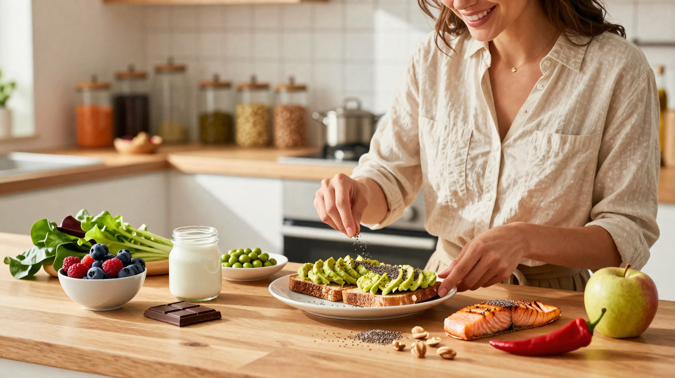 Mulher a preparar torrada com abacate e sementes, com frutas, legumes e chocolate numa cozinha iluminada.