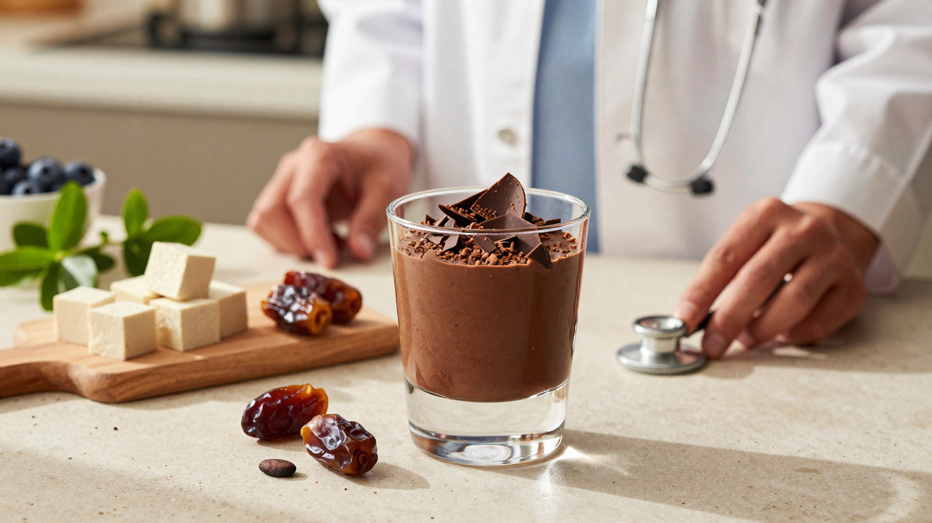 Frasco de vidro com mousse de chocolate e lascas de chocolate à frente de médico em bata branca.