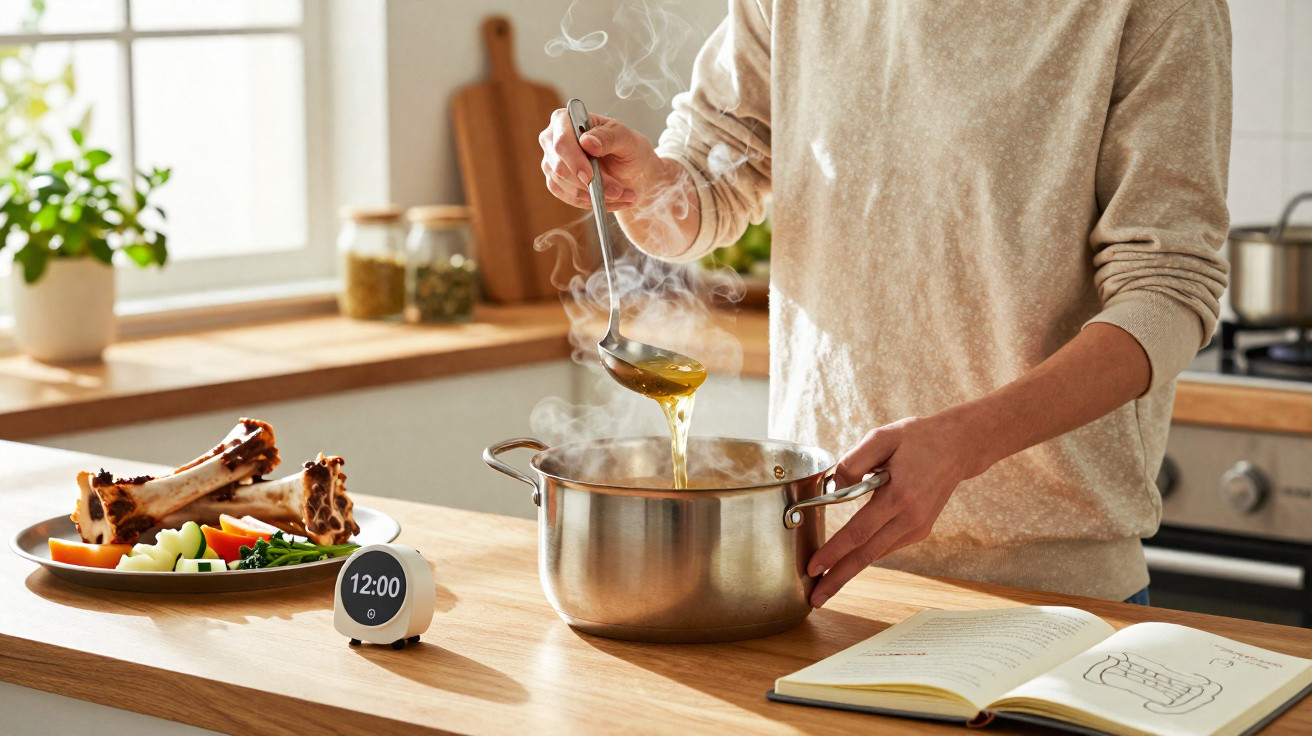 Pessoa a mexer sopa fumegante numa panela grande numa cozinha iluminada, com ingredientes e livro de receitas na bancada.