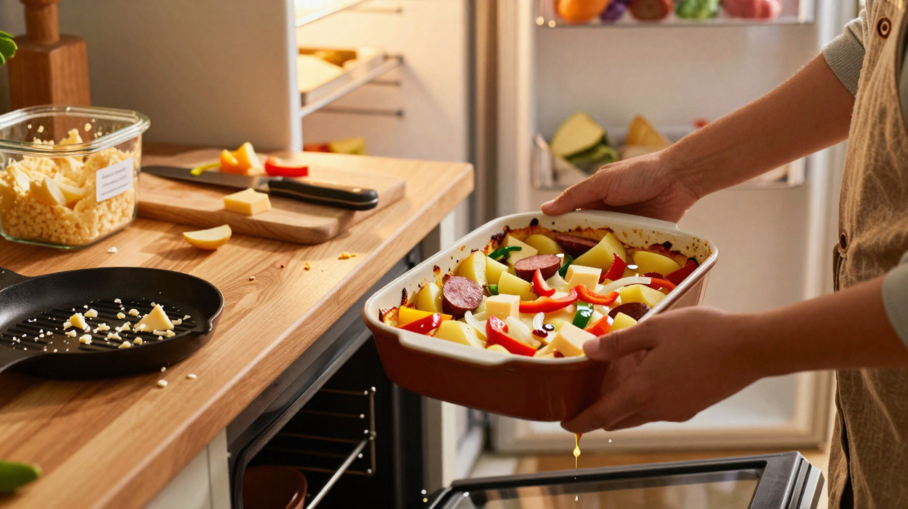 Pessoa a colocar tabuleiro com legumes, queijo e chouriço no forno na cozinha moderna.