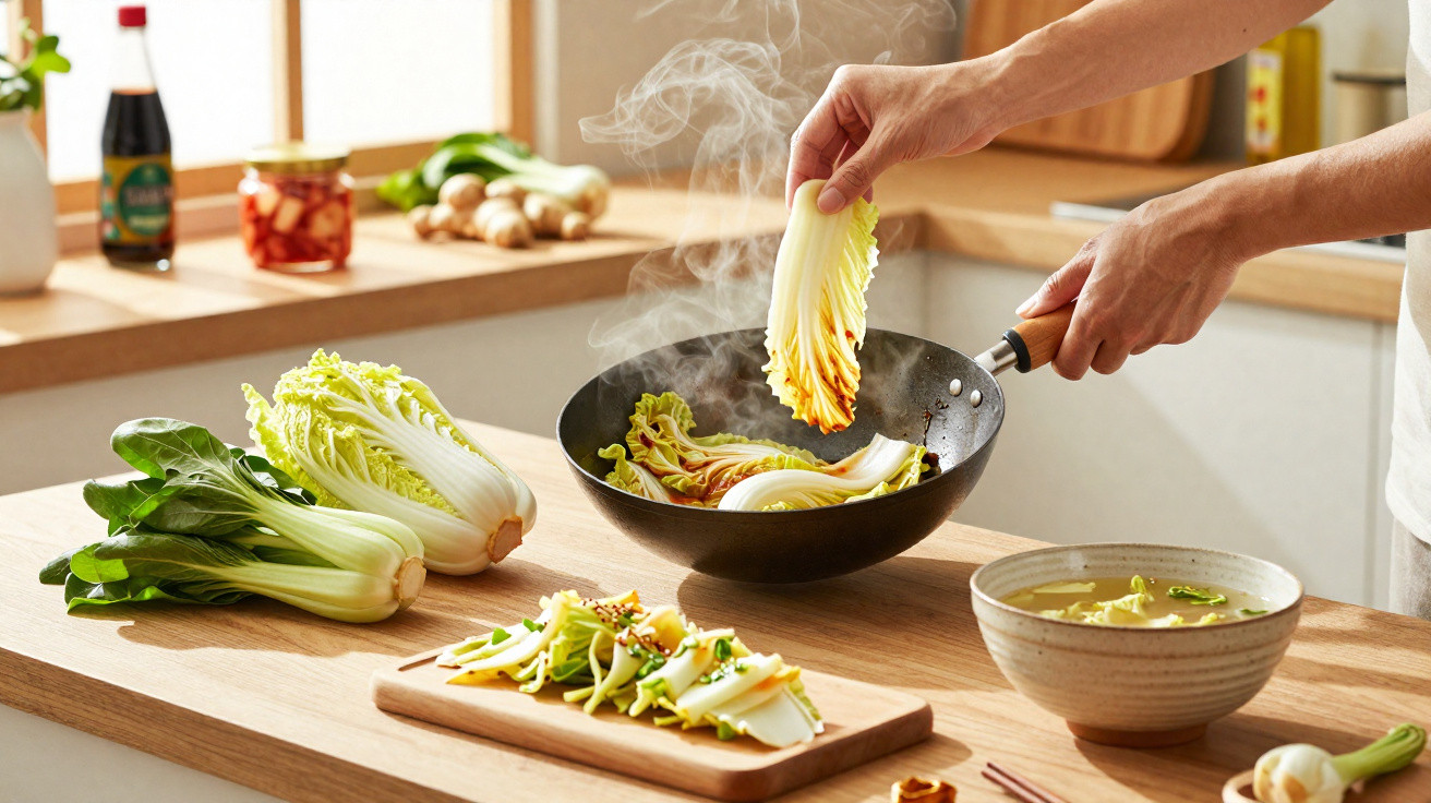 Pessoa a cozinhar acelgas numa frigideira com legumes frescos e sopa numa mesa de madeira.