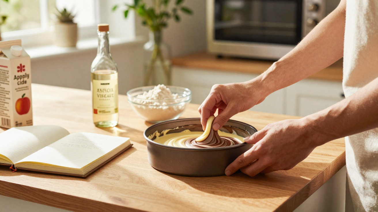 Pessoa a fazer redemoinho com massa de bolo de chocolate e baunilha numa forma redonda numa cozinha.